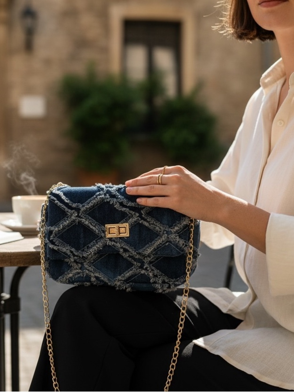 Olivia Miller Dark Blue Denim Fringe Shoulder Bag with Gold Chain